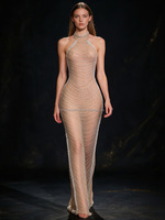 Robe de soirée Juji à col montant, maille sexy, chaîne diamantée, fente longue révélant le dos, pour spectacle