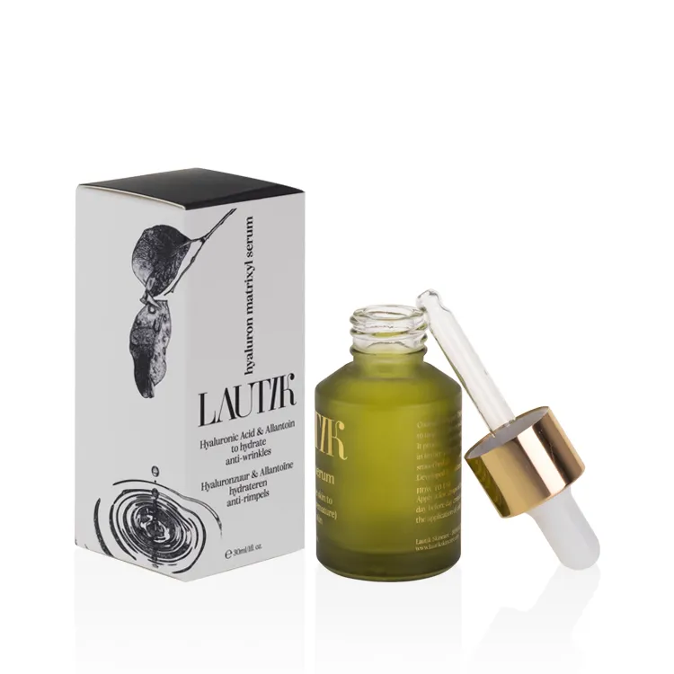 Botol tetes Aluminium kemasan kosmetik botol perawatan kulit minyak esensial, minyak rambut miring bahu kaca hijau emas
