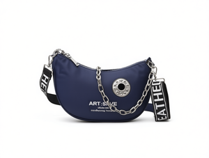 Borsa a tracolla a forma di luna, chiusura con cerniera in nylon, ornamento in metallo, motivo a lettere, borsa a tracolla alla moda per tutte le stagioni - Product Image 1