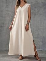 Robe longue élégante d'été pour femme, style européen et américain, sans manches, col en V, fente latérale, décontractée