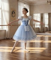 Gaun Tutu Balet Romantis Biru Muda untuk Anak Perempuan, Kostum Balerina Tulle Panjang untuk Pertunjukan & Resital Giselle