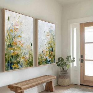 Meadow's Impressionist Wildflower Meadow <b>Painting</b> Diptych Oversized Hand Painted <b>Framed</b> Relief Abstract Home Hotel Wall Art - Product Image 1