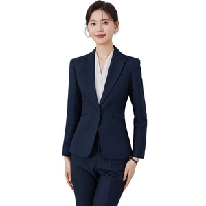 Women's Navy Blue Suit Set Full Sleeve Polyester Worsted Anti-Wrinkle Office Lady Spring Work Uniform - Product Image 5