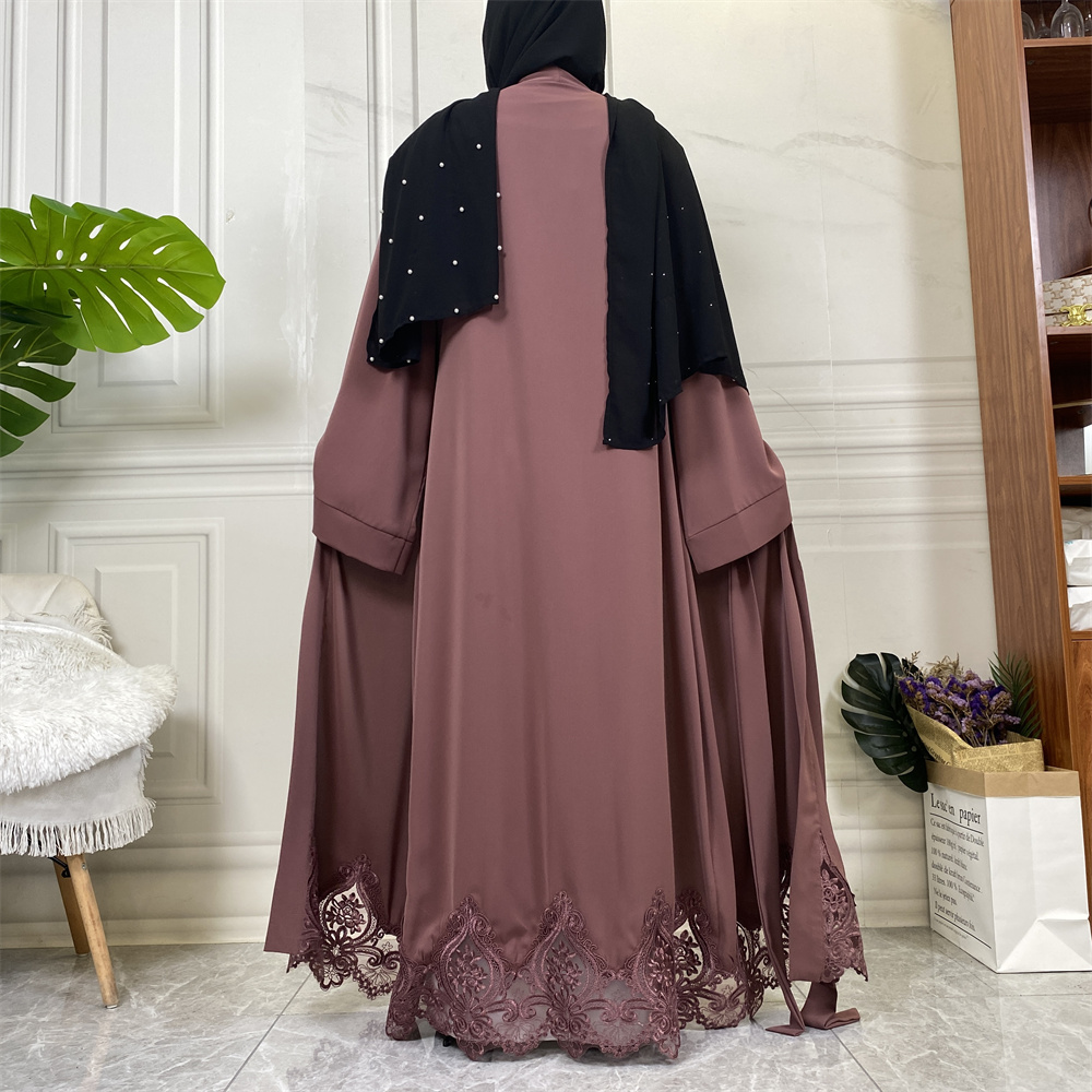 1947# Long Sleeve Beautiful Lace  Elegant Simple Abaya For Muslim Women - CHAOMENG MUSLIM SHOP