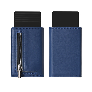Hot Sale Trifold Premium Leather Cardholder RFID Protection <b>Metal</b> Aluminum Card Holder Slim Magnetic Pop up <b>Wallet</b> With Zipper - Product Image 2