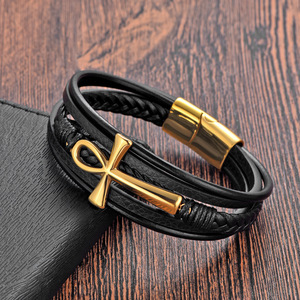 Men's 3-Layer Braided <b>Leather</b> <b>Bracelet</b> with PVD 18K Gold Cross & Magnetic Clasp | Stylish Wristband for Fashion and Casual Wear - Product Image 2