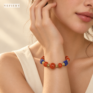 Natural <b>Red</b> Agate Lapis Lazuli Mixed Beaded Stretch Bracelet with Gold <b>Tone</b> Details for Women Jewelry Wholesale - Product Image 2