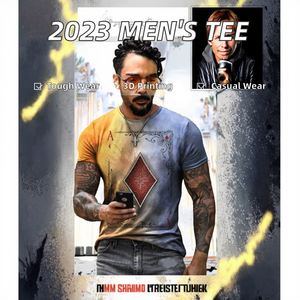 เสื้อยืดลำลองผู้ชายสไตล์ใหม่ปี 2023 ผ้าทวิล คอกลม แขนสั้น ลายพิมพ์ดิจิทัล 3 มิติ สำหรับผู้ชาย - Product Image 3