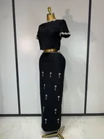 Ensemble deux pièces pour femmes, manches courtes, cristaux brillants, robe longue moulante, sexy, élégante, robe de soirée pour femme de bureau, robe de cocktail