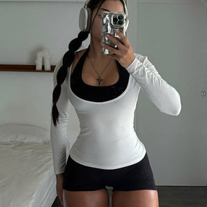 American Sport Style <b>Black</b> White Colorblock 2 Piece <b>Shorts</b> Set Halter Tie Backless Long Sleeve Romper Casual Activewear Skinny - Product Image 1