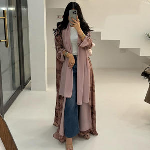 <span class=keywords><strong>Ensemble</strong></span> Abaya et Foulard en Chiffon Doux à Double Couche, Imprimé Tie-Dye, Vêtement Musulman Modeste, Kimono Cardigan Respirant, Style Dubaï pour Femmes - Product Image 1