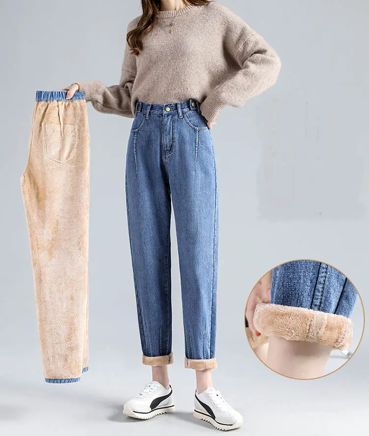Pantalones térmicos de lana para niña y mujer, Vaqueros térmicos para invierno