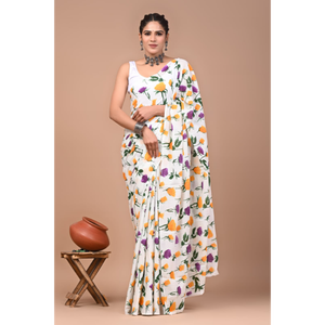 Sari de Algodón Mulmul Estampado con Blusa a Juego, Sari de Algodón Mulmul Ligero y Elegante - Cómodo para Uso Diario - Product Image 3