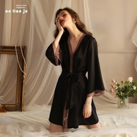 Nouvelle Robe de Nuit Séduisante et Sexy pour Femme, en Soie Glacée et Polyester Respirant, Col en V, Manches Longues, Dentelle, Taille Élastique, Collection Automne