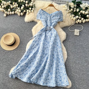 Robe d'été pour femme de qualité supérieure, à manches bouffantes, taille haute, coupe trapèze, ajustée, imprimé floral bleu - Product Image 6