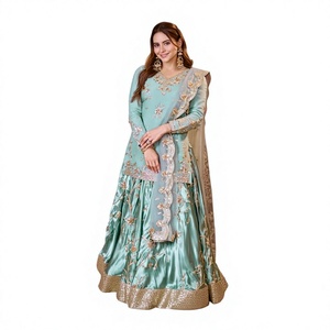 Conjunto de Lehenga Anarkali Maxi Bordado Verde Menta, Vestido de Satén con Mangas Largas y Volantes, con Dupatta de Tela de Red, para Bodas y Banquetes - Product Image 1
