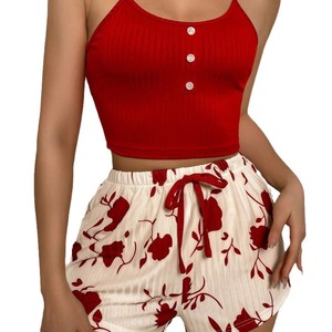 Ensemble de pyjama décontracté pour femmes, respirant, imprimé, avec bretelles, anti-bactérien, en polyester et terylène, avec short - Product Image 5