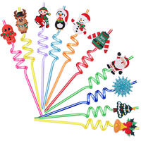 Pailles spirales réutilisables en PETG de qualité alimentaire pour Noël, pailles à boire festives avec breloques en PVC Père Noël, Bonhomme de neige, Renne