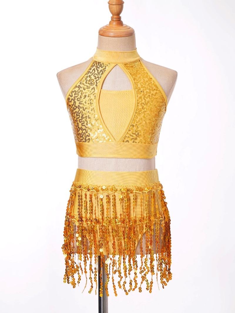 Kids Girls Sequin Fringe Dance Outfit 2-Piece Set for Jazz, Latin