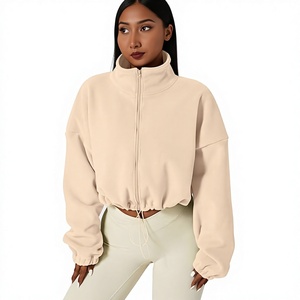 Cropped <b>Fleece</b> <b>Jacket</b> Women Stand Collar Zip Up Full Sleeve Soft <b>Warm</b> Casual Outerwear Autumn Solid Color Pullover - Product Image 1