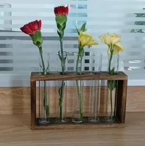 壁掛け吊り下げ植物ヴィンテージウッド5プランターガラス花瓶ホルダー付き木製スタンド家の装飾用試験管付き