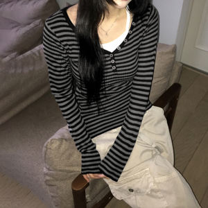 Camiseta de Mujer, Ecológica, Tejida, a Rayas, con Cuello en V, Ajustada, de Manga Larga, con Botones, en Color de Contraste, Fácil de Combinar - Product Image 4