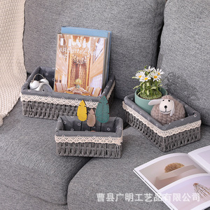 Paniers de rangement rectangulaires gris clair faits à la main pour bureau, salon, entrée, cadres en rotin tressé - Product Image 3