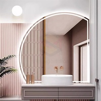 Miroir de salle de bain LED avec lumière et ventilateur, design irrégulier, 1/4 de cercle, sans cadre, miroir LED intelligent