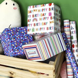 Papel de Regalo Impreso de Feliz Cumpleaños, Rollo de Papel de Regalo al por Mayor de 17 Pulgadas con Diseño de Rayas y Puntos Coloridos para Niños y Adultos - Product Image 3