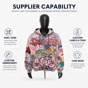 Sweat à capuche zippé Urban Graffiti pour homme, style streetwear oversize, en coton French Terry, avec broderie et impression manuelles - Product Image 1