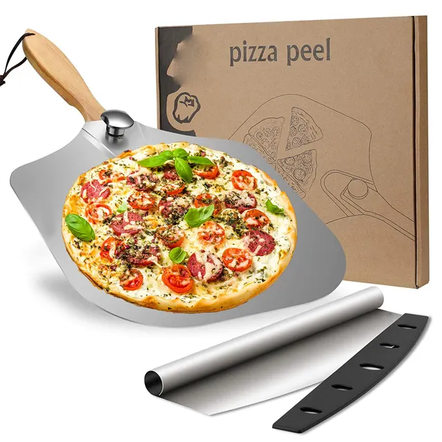 Pengupas Pizza Logam Aluminium, Sekop Pizza Dapat Dilepas Memanggang Rumah Tangga dengan Pegangan Dapat Dilipat