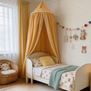 Baldacchino per <span class=keywords><strong>Letto</strong></span> Bambini Stile Nordico con Bordo in Pompon - <span class=keywords><strong>Zanzariera</strong></span> a Cupola Pieghevole in Poliestere per Stanza delle Bambine, Angolo Lettura e Tenda da Gioco - Product Image 5