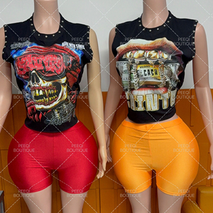 PEEQI Summer Cotton/polyester Tee Women Digital Print Nail Crop Tops and Shorts Casual Streetwear <strong>Sexy</strong> Fashion 2 Piece <strong>Set</strong> Women - Product Image 3