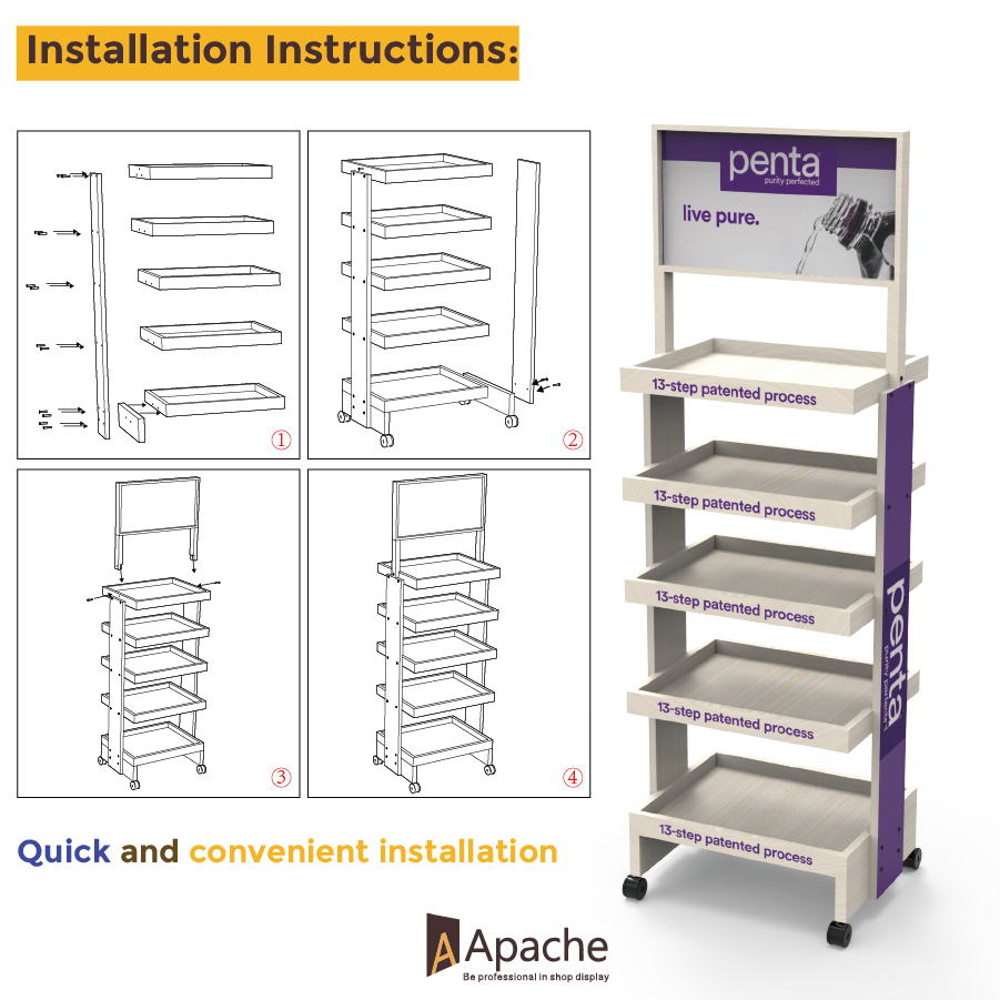 Apache Customized 5-Tier Wood Display Rack Portable Mineral Water Display Stand for Supermarkets — view 5