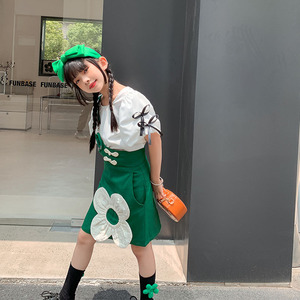 2022 Big Girl Fashion Outfit <b>Set</b> White Short Sleeve Bows Shirt +Green Floral <b>Suspender</b> Dress 2 Pcs Garment <b>Set</b> 5-15 Years - Product Image 4