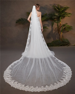 Voile de mariée cathédrale en tulle long et doux, brodé de dentelle, 100% polyester, fait main, nouveau design RESV10, faible MOQ - Product Image 5