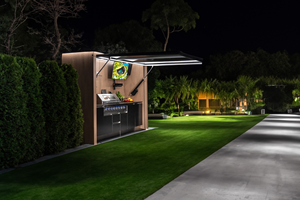 Table d'extérieur îlot avec plateau en pierre de quartz, 2-3m de long, armoire étanche intégrée, barbecue intégré pour fêtes en patio, motif chêne - Product Image 4