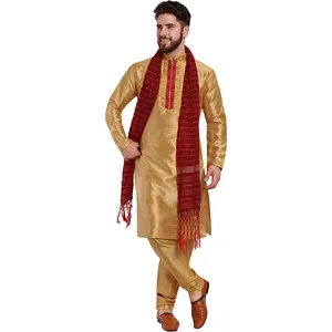 Men's Art Silk Kurta Pajama and Scarf Ethnic Wedding Suit Party Dress Set