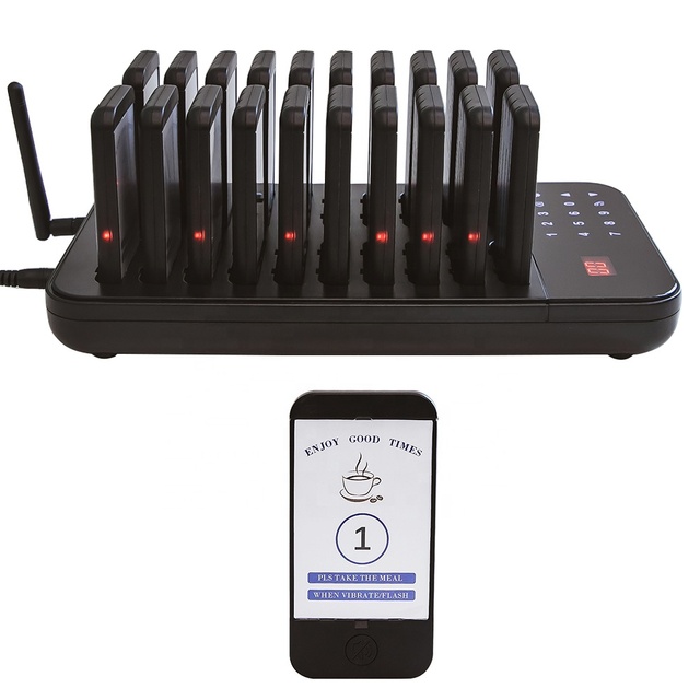 Cafe Rechargeable Waterproof Vibrating 1 Base 20 Buzzer Queue Paging Beeper Wireless Coaster Calling System Pager Restaurant
