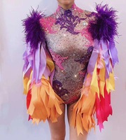 Costume de scène sexy brillant pour chanteuse danseuse, combinaison élastique avec ruban de diamants et plumes pour femmes adultes