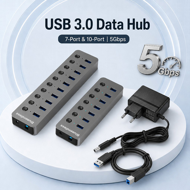 Aluminum High Speed 5Gbps 10 Port USB 3.0 Data Hub Adapter Metal Powered USB A Hub Splitter USB with 36W 12V 3A Power Adapter