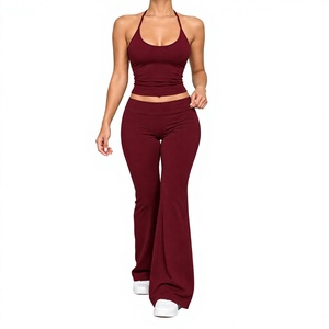 Ensemble extensible 2 pièces pour femmes, haut court à bretelles, leggings évasés, tenue décontractée, ensembles stretch skinny pour femmes - Product Image 1