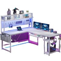 Bureau d'ordinateur de grande taille en forme de L, réversible, avec prise de courant et panneau perforé, bureau de jeu avec éclairage LED et plateau pour clavier