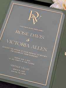 Suite d'invitation de <span class=keywords><strong>mariage</strong></span> de luxe vert Pocketfold avec feuille d'or acrylique transparent <span class=keywords><strong>et</strong></span> annonce élégante de carte Rsvp - Product Image 4