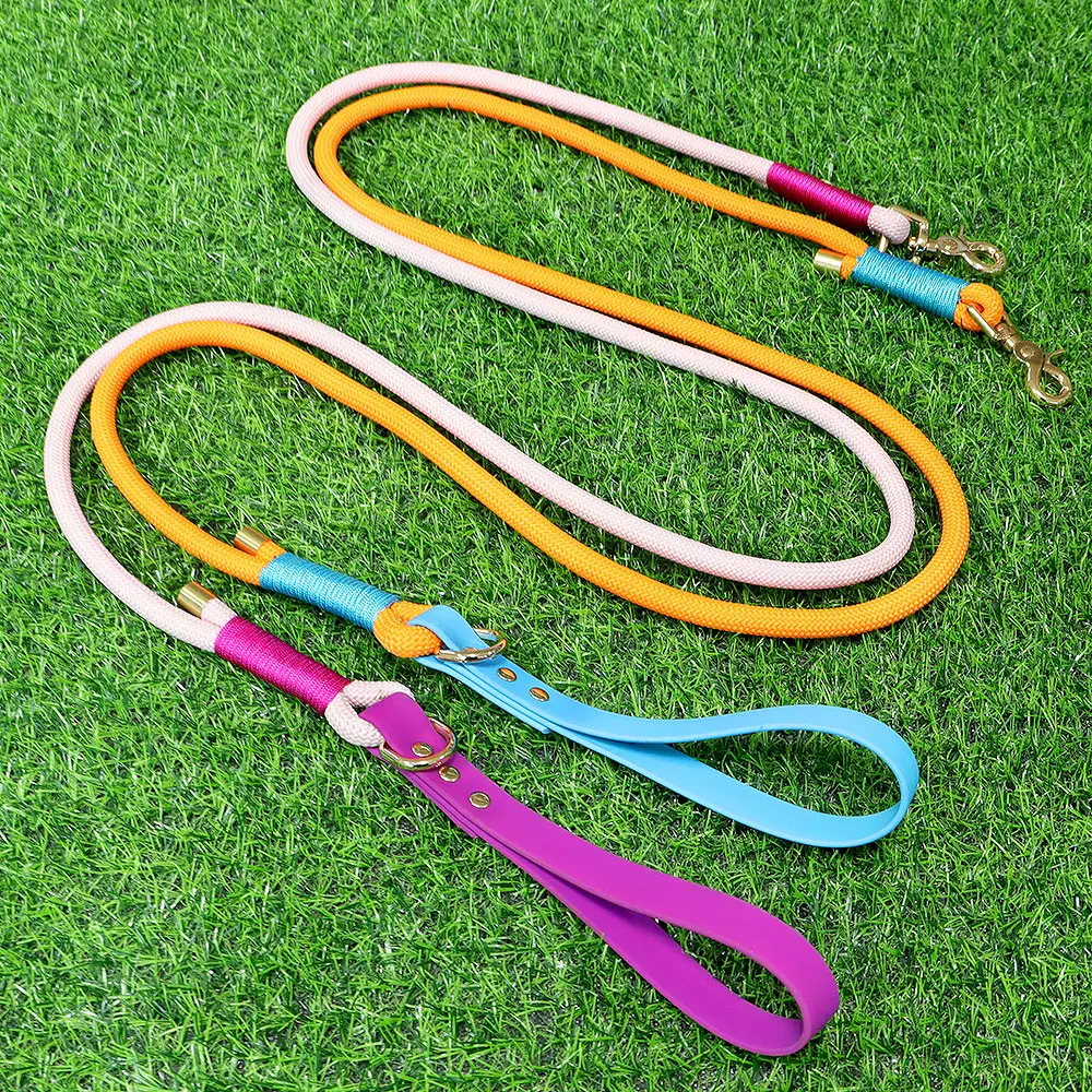 Handmade 6ft colorido pvc vegan couro lidar com as mãos livres pet escalada paracord corda cão colar corda trelas para golden reaver