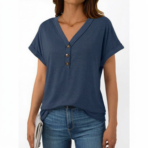 T-shirt en tricot à col en V et manches courtes pour femme, couleur unie, respirant, coupe ample, style décontracté, printemps-été - Product Image 1