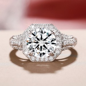 Anello di fidanzamento con diamanti in platino da donna, taglio rotondo brillante, colore D naturale, montatura Halo F1738 - Product Image 2