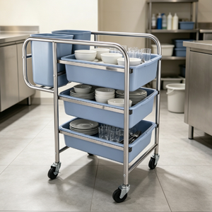 Chariot de collecte de vaisselle robuste en acier inoxydable à pousser à la main avec bacs, haute efficacité pour hôtels et restaurants - Product Image 1