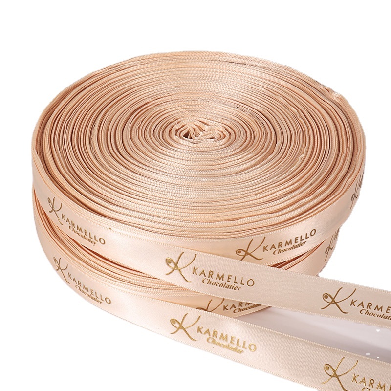 Factory Hot Sale Custom Logo 1.5cm 2cm 2.5cm Gift Ribbon Gold Foil Printed Brand Name Polyester Satin Ribbon