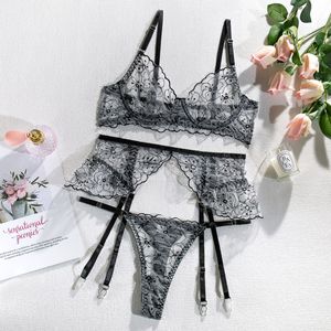 Lencería Sexy en Oferta 2026, Conjunto de 3 Piezas, Bordado Transparente con Volantes, Sujetador Push-Up, Tanga, Lencería Femenina - Product Image 5